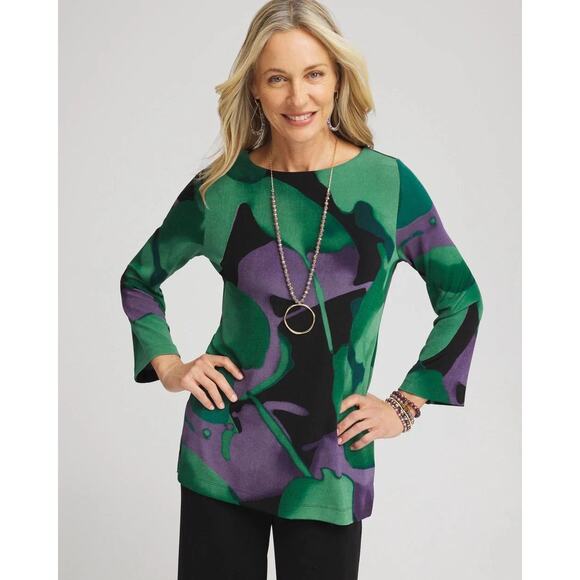 Chicos Travelers 3 Watercolor Bell Sleeve Tunic Fluid ink Enchanted Forrest new - Picture 1 of 11